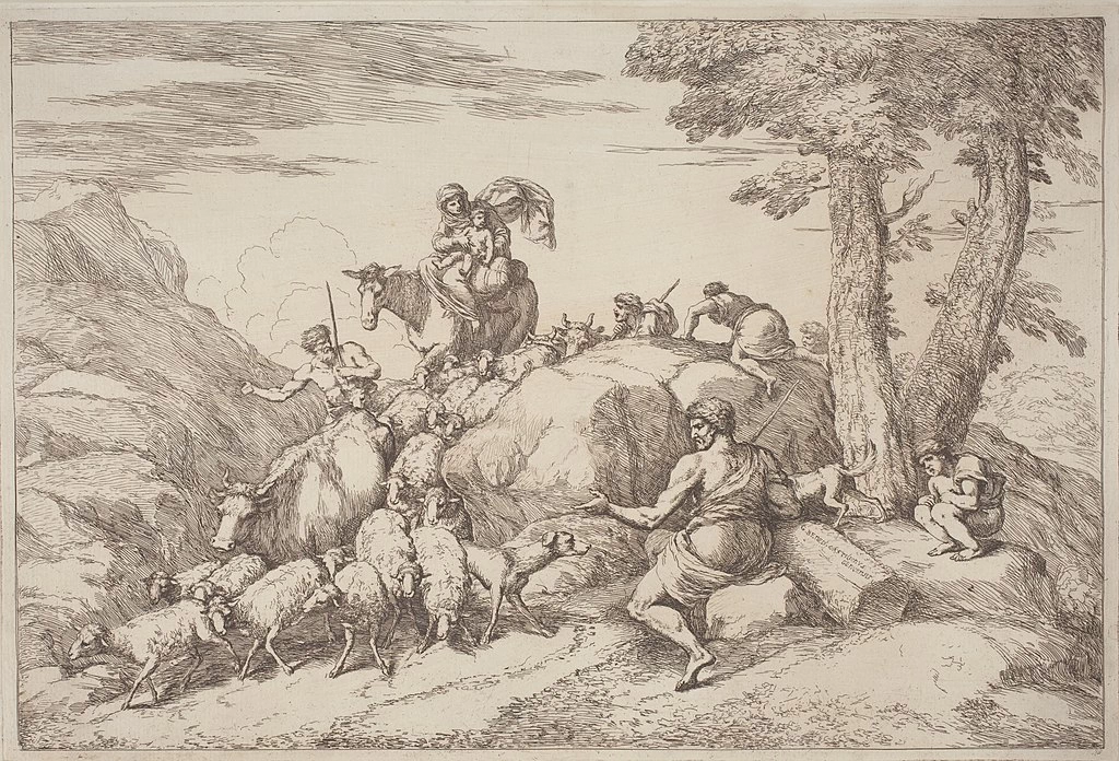 Gaetano Zompini - Viaggio pastorale con una madre e un bambino a cavallo e un anziano pastore seduto. Da Benedetto Castiglione, National Gallery of Art, Washington DC